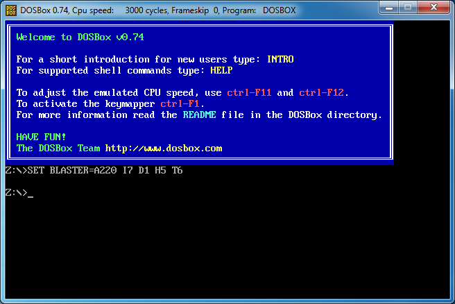 Introduction screen of DOSBox